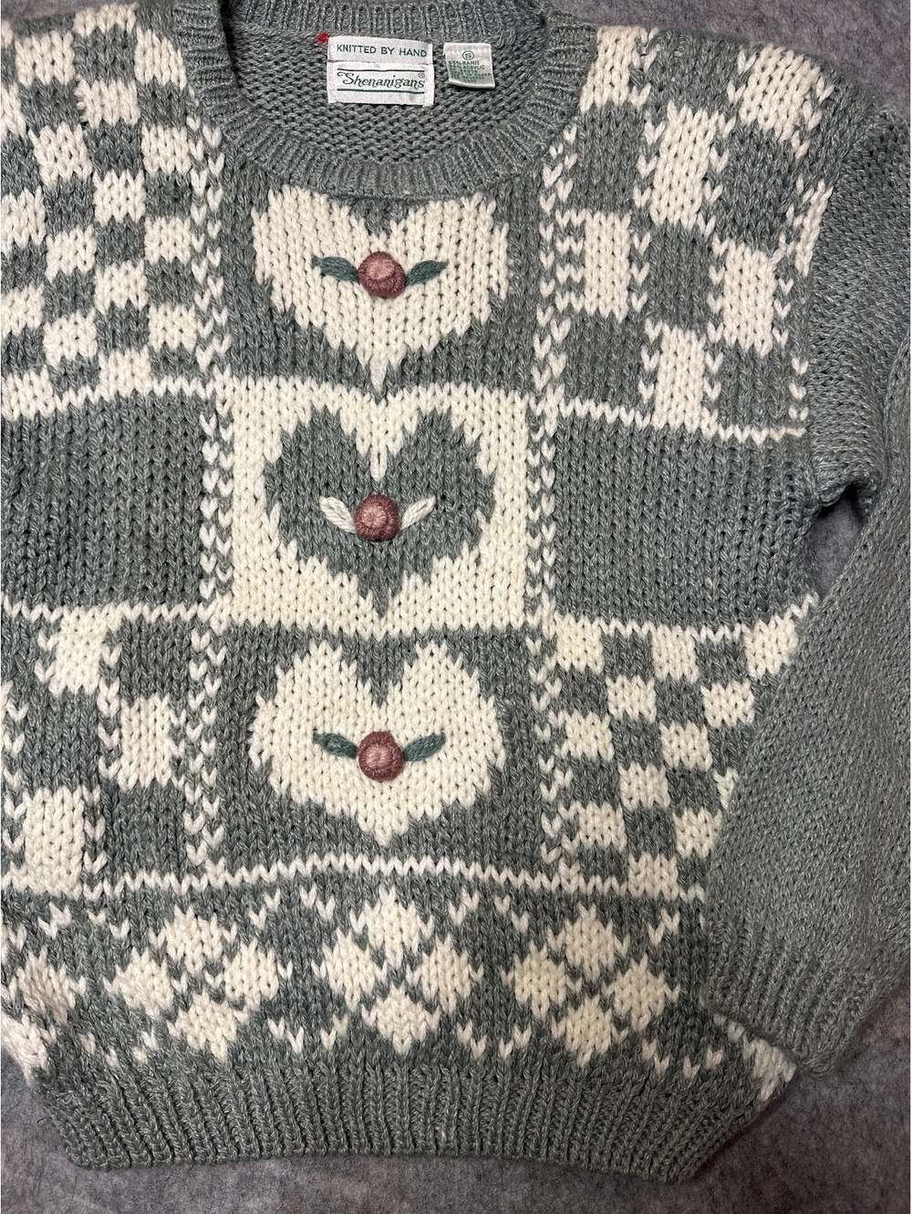 Vintage Hand Knit Cottagecore Grannycore Heart Rosette Patchwork Sweater Small